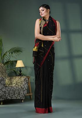 Black Solid Cotton Saree Set