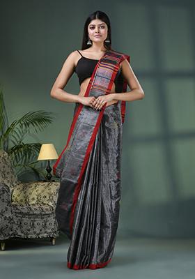Grey Solid Zari Cotton Saree Set