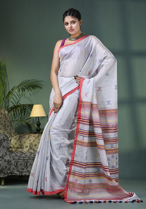 Silver Solid Zari Cotton Saree