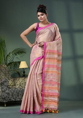 Pink Solid Zari Cotton Saree Set