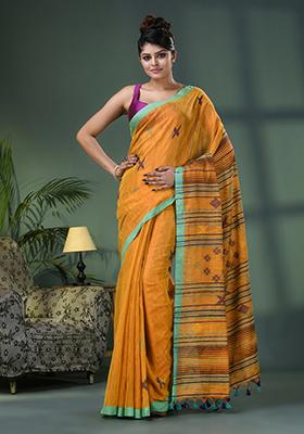 Yellow Solid Zari Cotton Saree Set