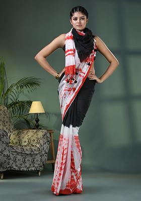 Black Solid Cotton Saree Set