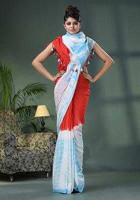 Red Solid Cotton Saree Set