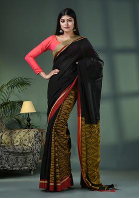 Black Solid Cotton Blend Saree