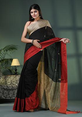Black Solid Cotton Blend Saree Set