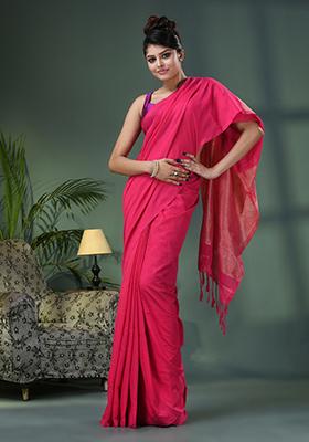 Fuchsia Pink Solid Cotton Blend Saree