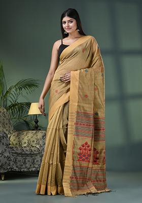 Beige Solid Cotton Blend Saree Set