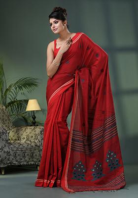 Red Solid Cotton Blend Saree Set