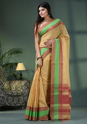 Lime Yellow Embroidered Cotton Saree Set