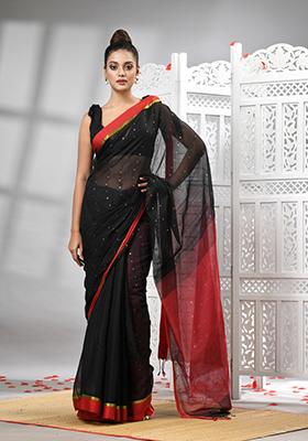 Black Solid Cotton Blend Saree Set