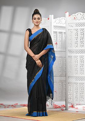 Black Solid Cotton Blend Saree Set