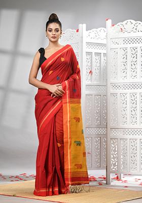 Red Solid Cotton Blend Saree Set