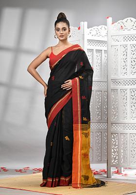 Black Solid Cotton Blend Saree Set