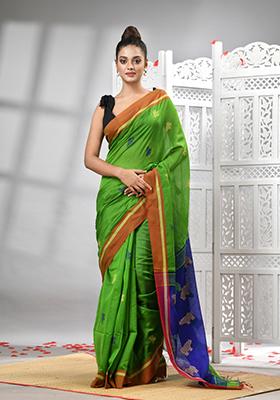 Green Solid Cotton Blend Saree Set