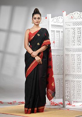 Black Solid Cotton Blend Saree Set