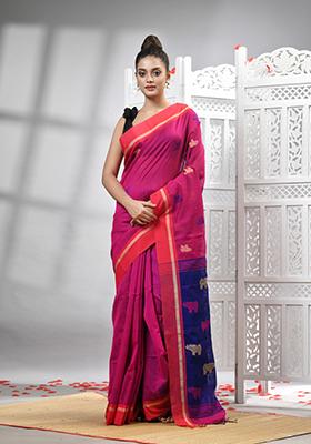 Pink Solid Cotton Blend Saree Set