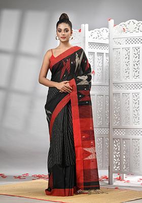 Black Solid Cotton Blend Saree Set