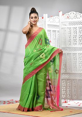 Green Solid Cotton Blend Saree Set