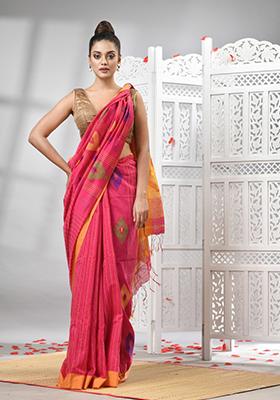 Pink Solid Cotton Blend Saree Set