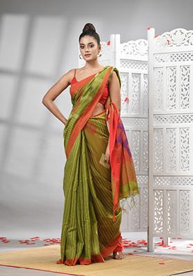 Green Solid Cotton Blend Saree Set