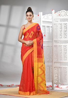 Red Solid Cotton Blend Saree Set