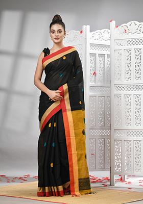 Black Solid Cotton Blend Saree Set