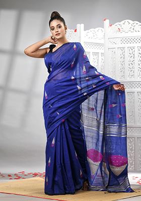 Black Solid Cotton Blend Saree Set