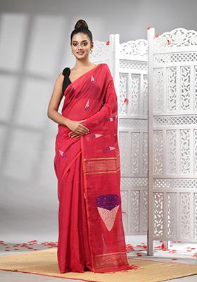 Pink Solid Cotton Blend Saree Set