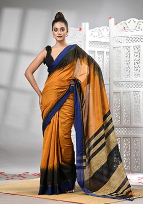 Mustard Yellow Solid Cotton Blend Saree Set