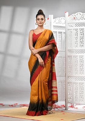 Mustard Yellow Solid Cotton Blend Saree Set