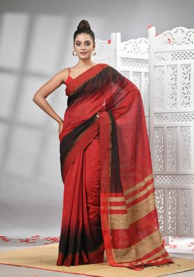 Maroon Solid Cotton Blend Saree Set