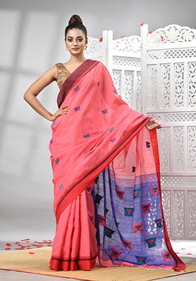 Pink Solid Cotton Blend Saree Set
