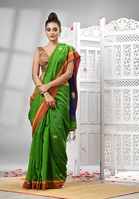 Green Solid Cotton Blend Saree Set