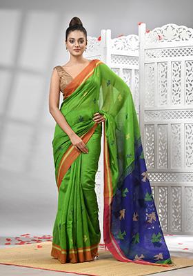 Green Solid Cotton Blend Saree Set