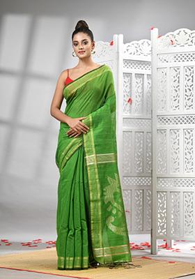 Green Solid Cotton Blend Saree Set