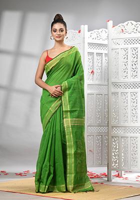 Green Solid Cotton Blend Saree Set
