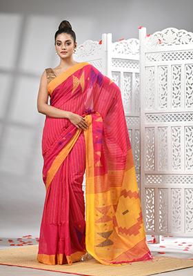 Pink Solid Cotton Blend Saree Set