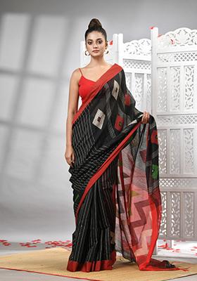 Black Solid Cotton Blend Saree Set