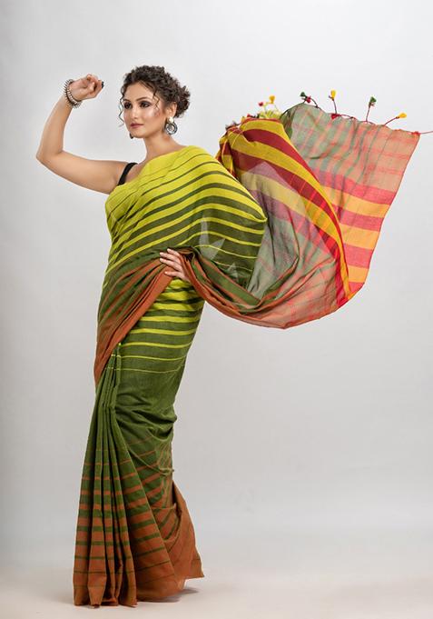 Fern Green Embroidered Cotton Blend Saree Set