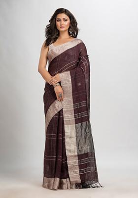 Brown Coffe Woven Linen Saree Set