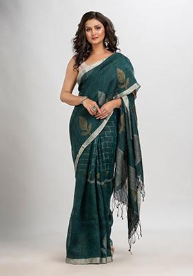 Dark Bottle Green Woven Linen Saree Set