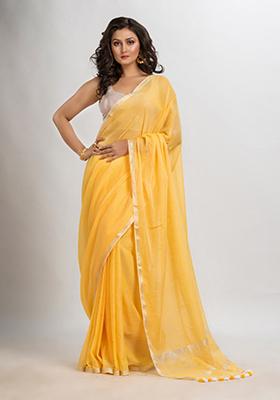 Lemon Yellow Embroidered Cotton Saree Set