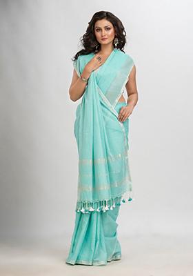 Paled Turquoise Blue Embroidered Cotton Saree Set