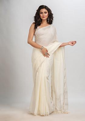 White Embroidered Cotton Saree Set