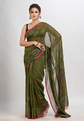 Olive Green Embroidered Cotton Saree Set