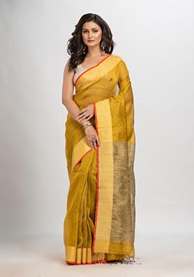 Mustard Yellow Woven Silk Blend Linen Saree Set