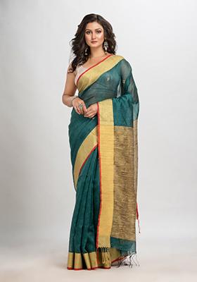 Dark Teal Blue Woven Silk Blend Linen Saree Set