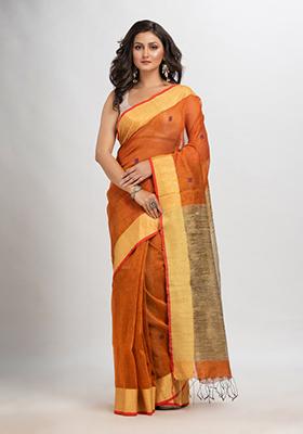 Rust Brown Woven Silk Blend Linen Saree Set