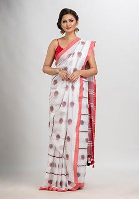 White Embroidered Cotton Saree Set