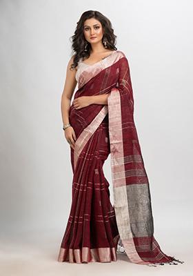 Maroon Woven Linen Saree Set